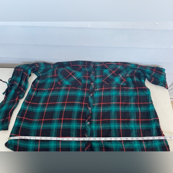 Green/Black/Orange Plaid Bell Sleeve Love & Legend Button Down Top - Picture 7 of 10